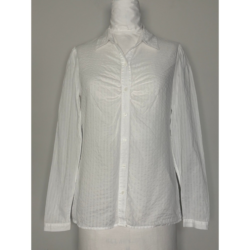 Club Monaco White Ruched Button Down Shirt Textured Stripe Cotton Rayon‎ Medium